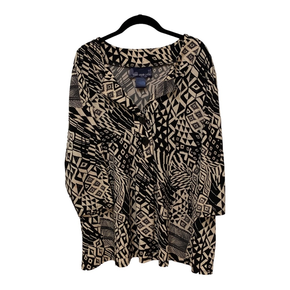 Susan Graver Black & Tan Abstract Tunic 3/4 Sleeves Sz XL / 1X